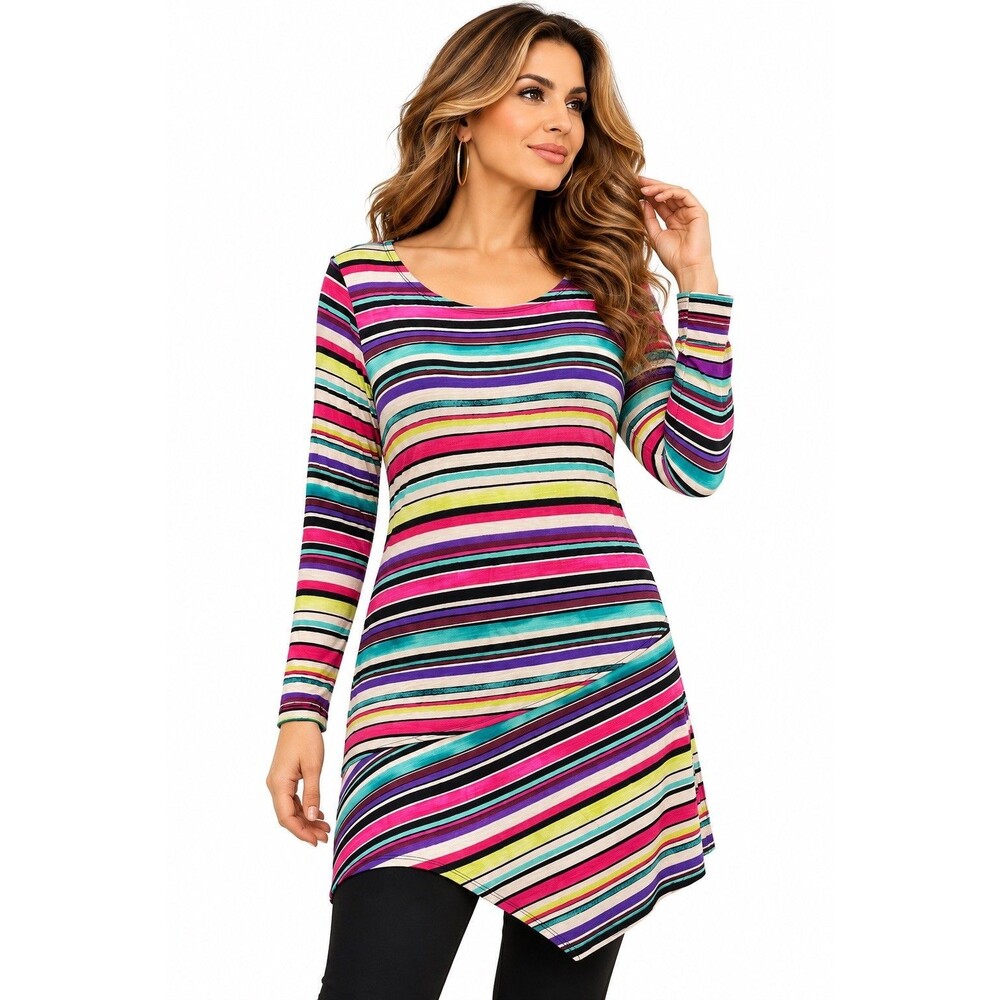 Cupio Women's M Striped Asymmetrical Hem Tunic Top Multicolor Long Sleeve Artsy